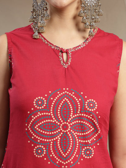 Cotton Calf Length Printed Sleeveless Round Neck Straight Kurta Suit Set With Dupatta (Pre-Order)