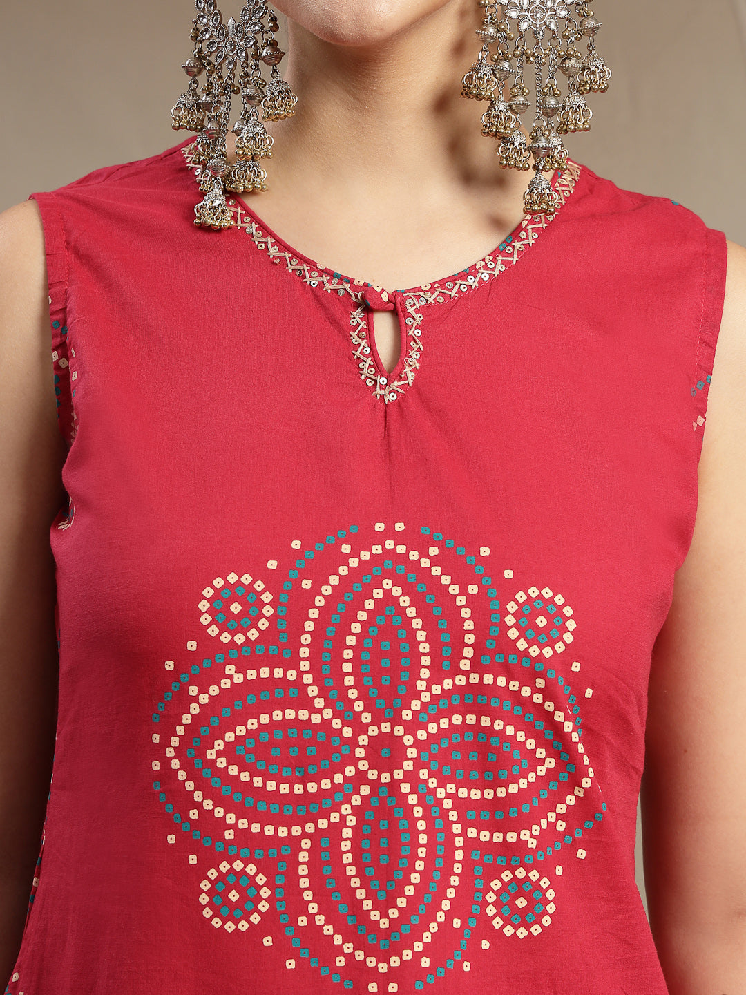 Cotton Calf Length Printed Sleeveless Round Neck Straight Kurta Suit Set With Dupatta