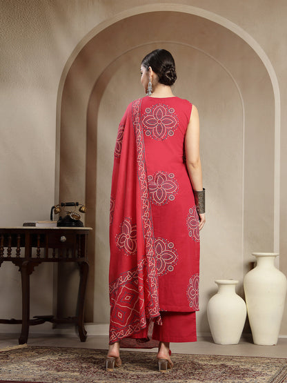 Cotton Calf Length Printed Sleeveless Round Neck Straight Kurta Suit Set With Dupatta (Pre-Order)