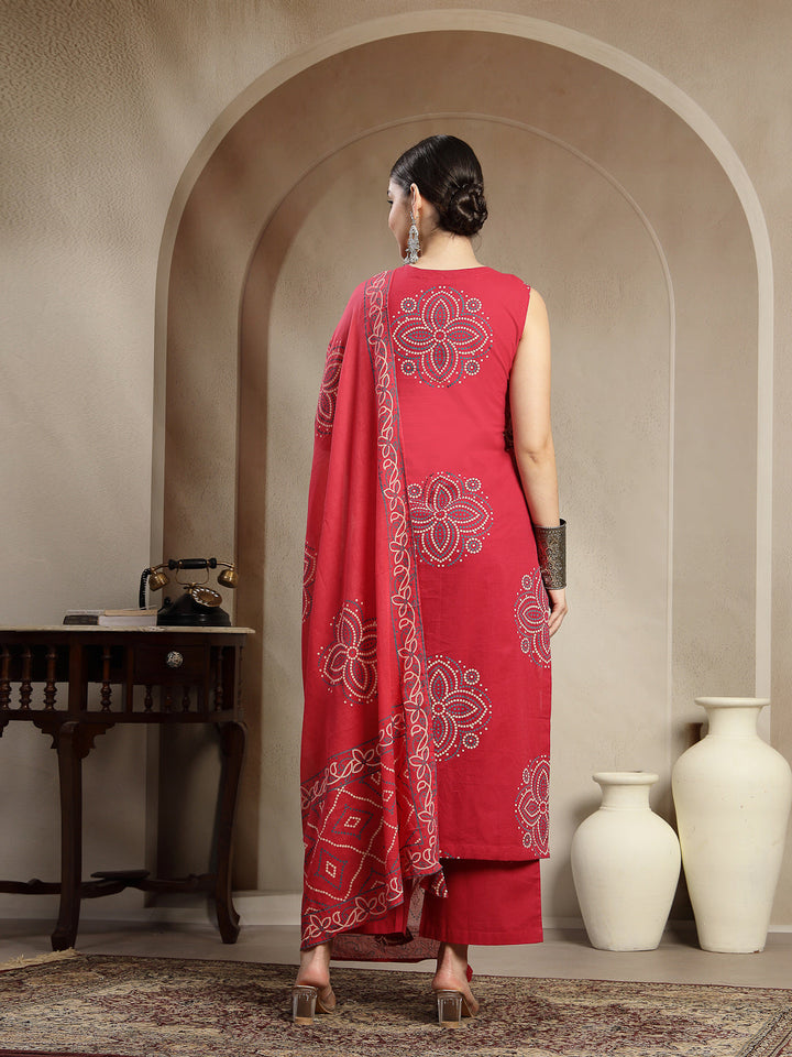 Cotton Calf Length Printed Sleeveless Round Neck Straight Kurta Suit Set With Dupatta