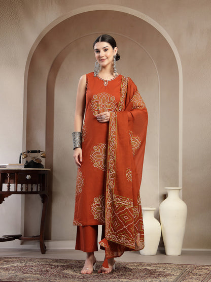 Cotton Calf Length Printed Sleeveless Round Neck Straight Kurta Suit Set With Dupatta (Pre-Order)