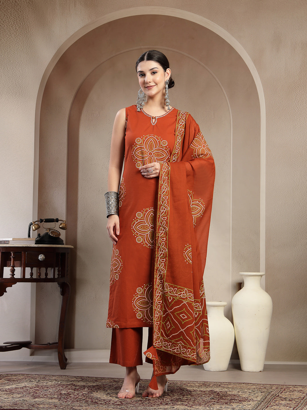 Cotton Calf Length Printed Sleeveless Round Neck Straight Kurta Suit Set With Dupatta
