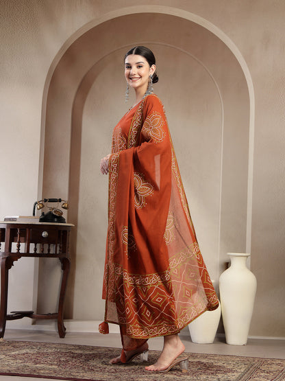 Cotton Calf Length Printed Sleeveless Round Neck Straight Kurta Suit Set With Dupatta