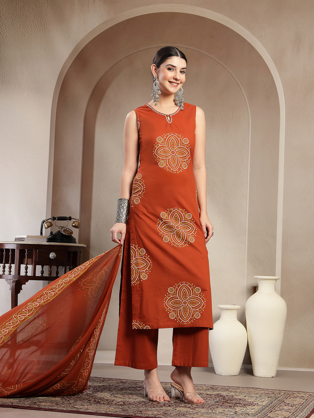 Cotton Calf Length Printed Sleeveless Round Neck Straight Kurta Suit Set With Dupatta