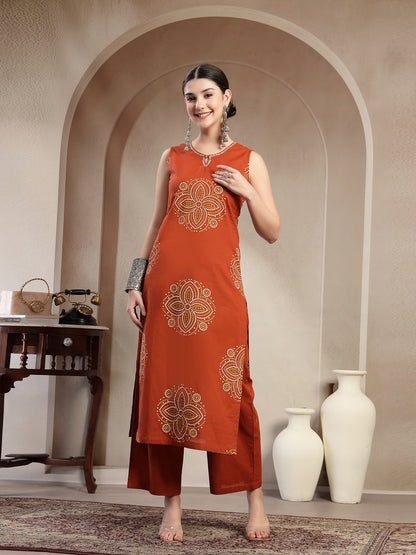 Cotton Calf Length Printed Sleeveless Round Neck Straight Kurta Suit Set With Dupatta
