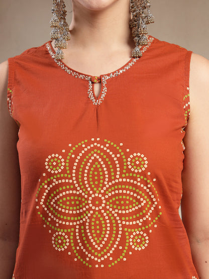 Cotton Calf Length Printed Sleeveless Round Neck Straight Kurta Suit Set With Dupatta