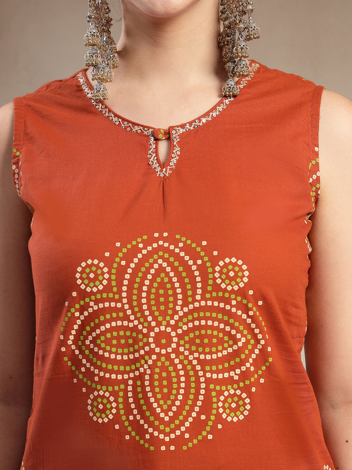 Cotton Calf Length Printed Sleeveless Round Neck Straight Kurta Suit Set With Dupatta