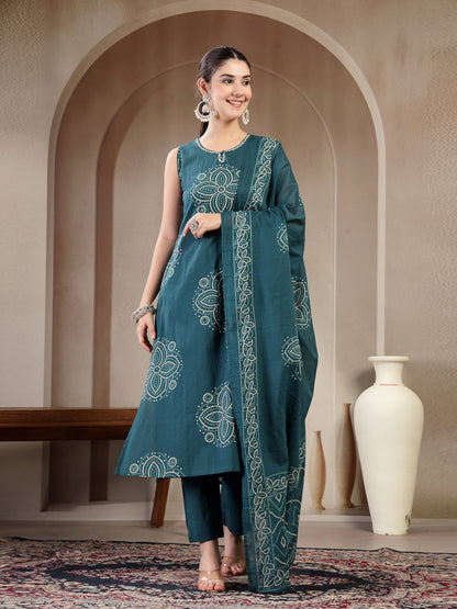 Cotton Calf Length Printed Sleeveless Round Neck Straight Kurta Suit Set With Dupatta