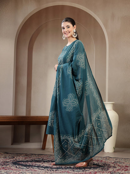 Cotton Calf Length Printed Sleeveless Round Neck Straight Kurta Suit Set With Dupatta