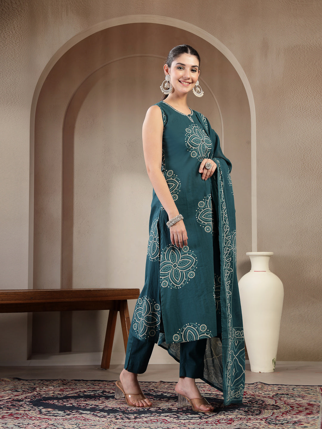 Cotton Calf Length Printed Sleeveless Round Neck Straight Kurta Suit Set With Dupatta