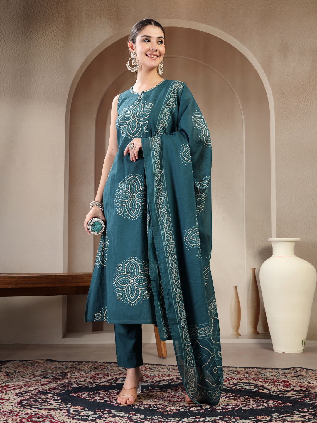 Cotton Calf Length Printed Sleeveless Round Neck Straight Kurta Suit Set With Dupatta (Pre-Order)