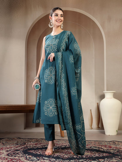 Cotton Calf Length Printed Sleeveless Round Neck Straight Kurta Suit Set With Dupatta