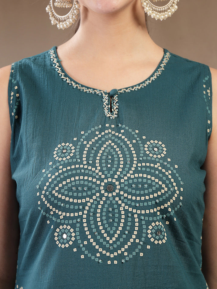 Cotton Calf Length Printed Sleeveless Round Neck Straight Kurta Suit Set With Dupatta