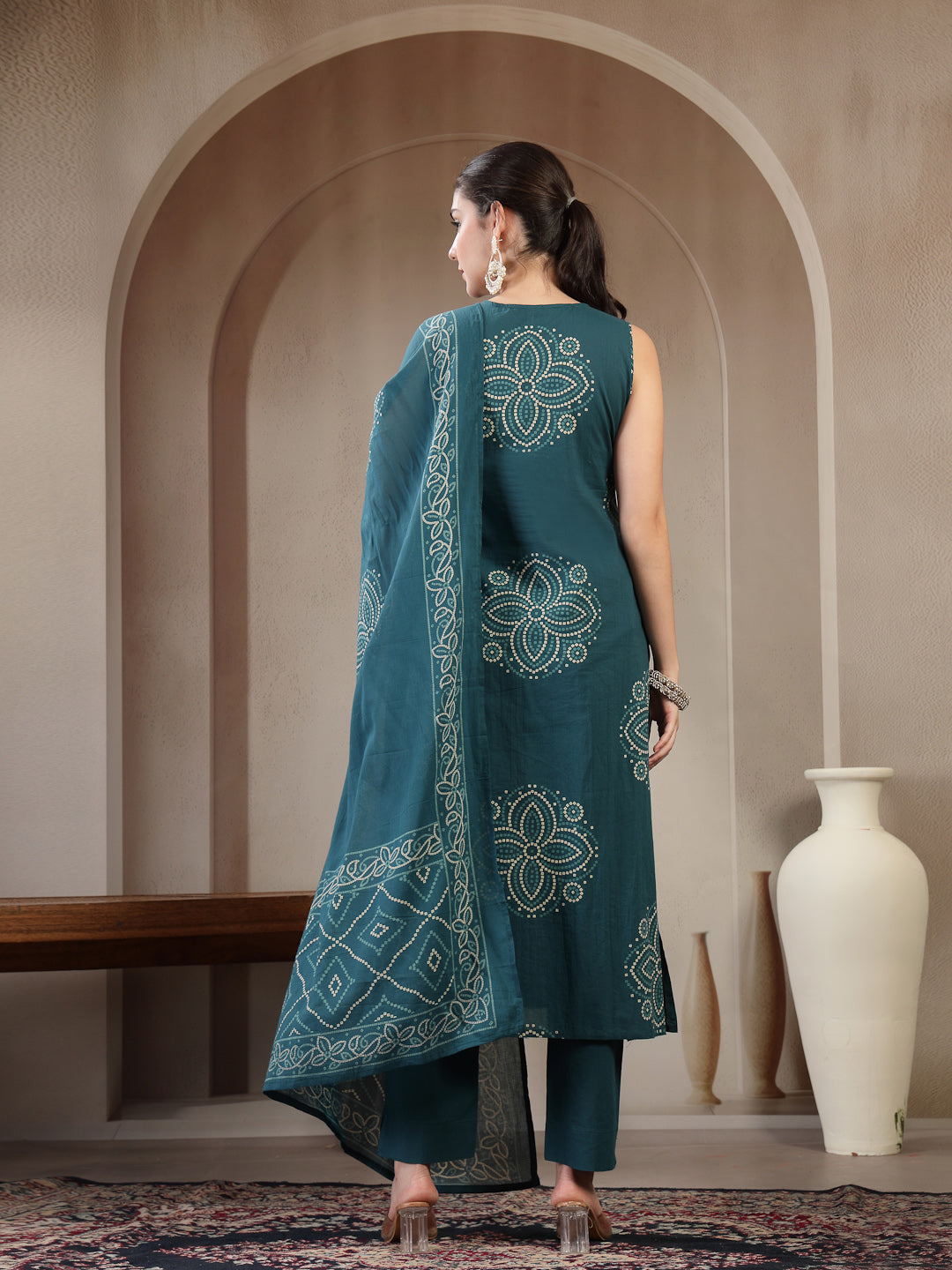 Cotton Calf Length Printed Sleeveless Round Neck Straight Kurta Suit Set With Dupatta