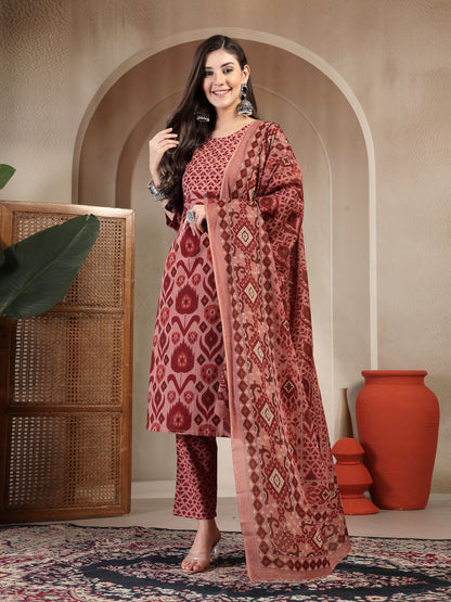Cotton Calf Length Printed 3/4 Sleeves Round Neck Straight Kurta Suit Set With Dupatta