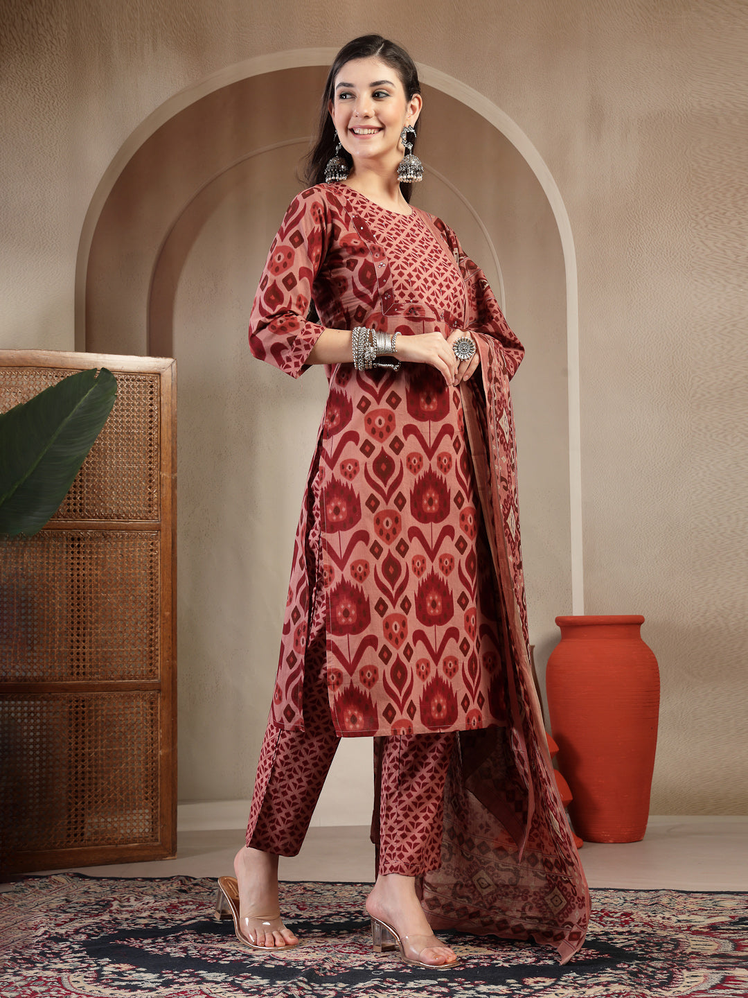 Cotton Calf Length Printed 3/4 Sleeves Round Neck Straight Kurta Suit Set With Dupatta (Pre-Order)