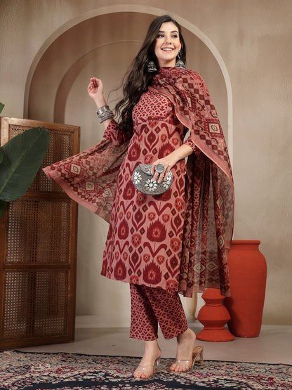 Cotton Calf Length Printed 3/4 Sleeves Round Neck Straight Kurta Suit Set With Dupatta