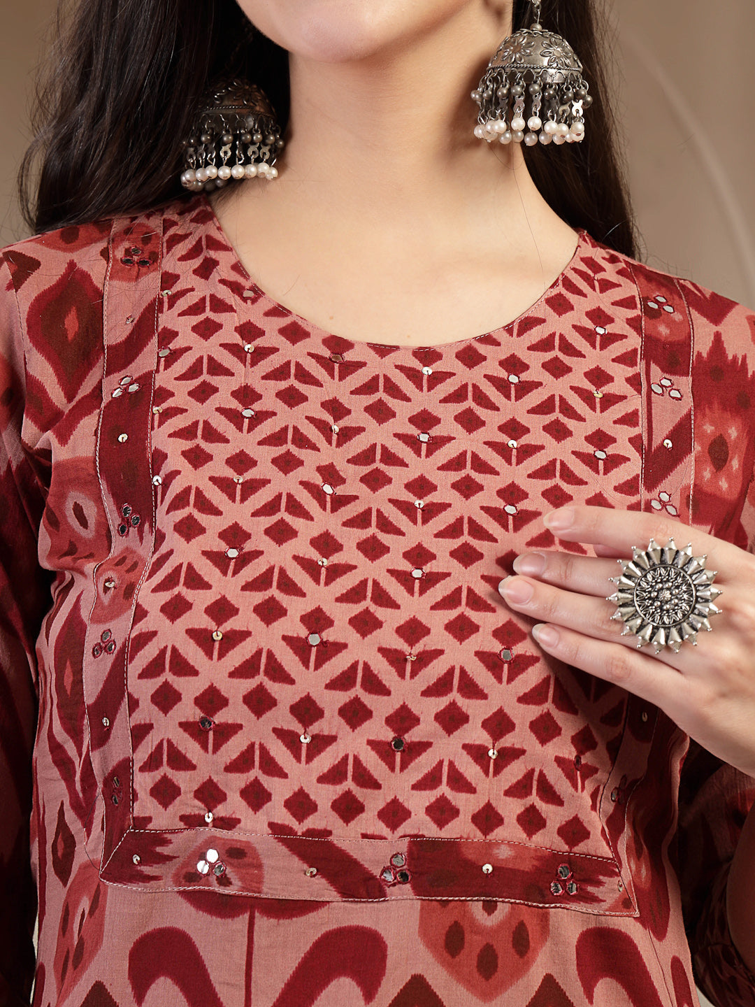 Cotton Calf Length Printed 3/4 Sleeves Round Neck Straight Kurta Suit Set With Dupatta