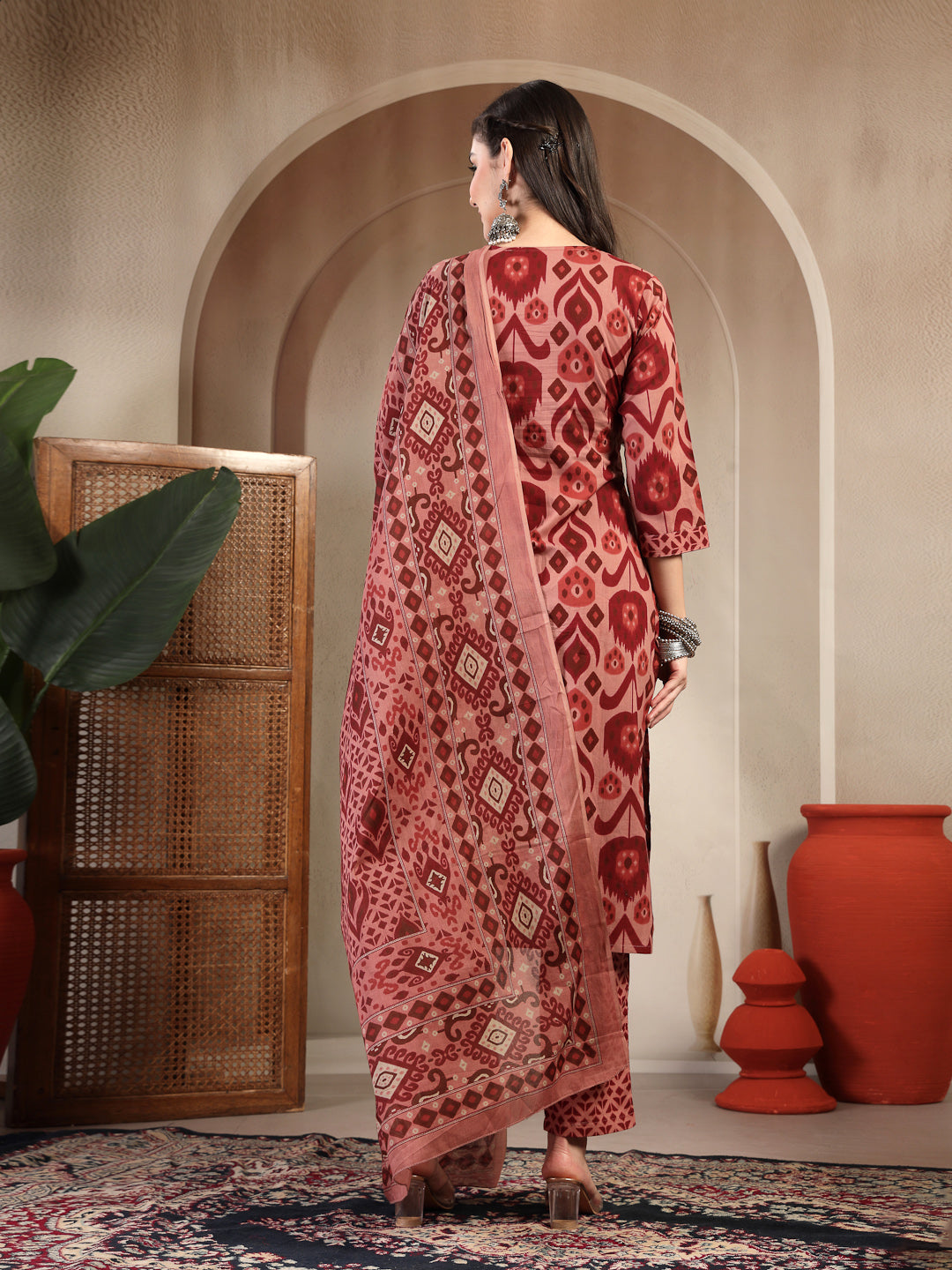 Cotton Calf Length Printed 3/4 Sleeves Round Neck Straight Kurta Suit Set With Dupatta (Pre-Order)