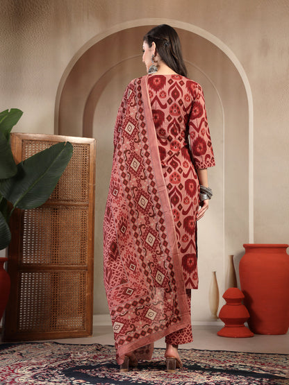 Cotton Calf Length Printed 3/4 Sleeves Round Neck Straight Kurta Suit Set With Dupatta
