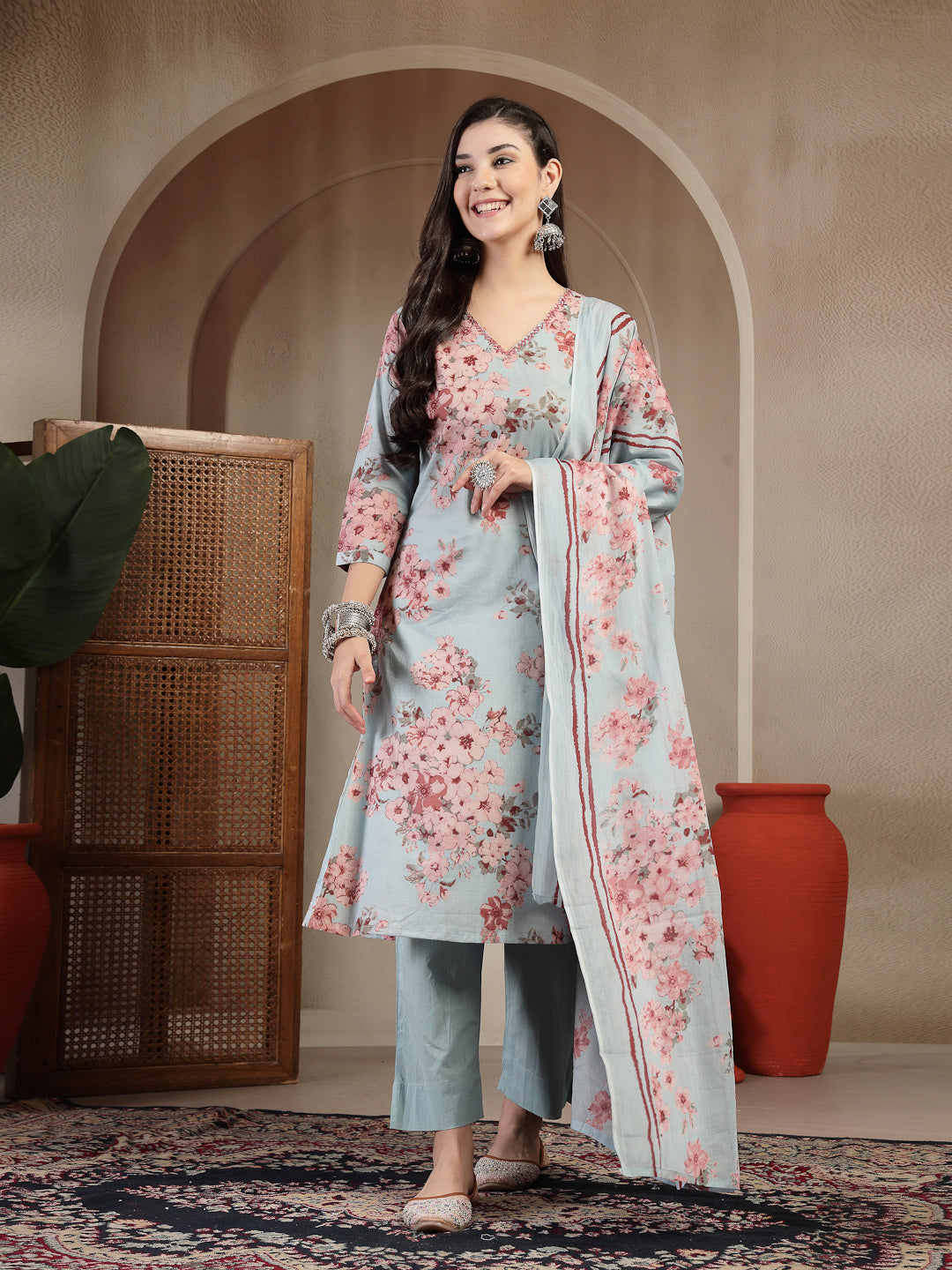 Cotton Calf Length Printed 3/4 Sleeves V-Neck Straight Kurta Suit Set With Dupatta (Pre-Order)
