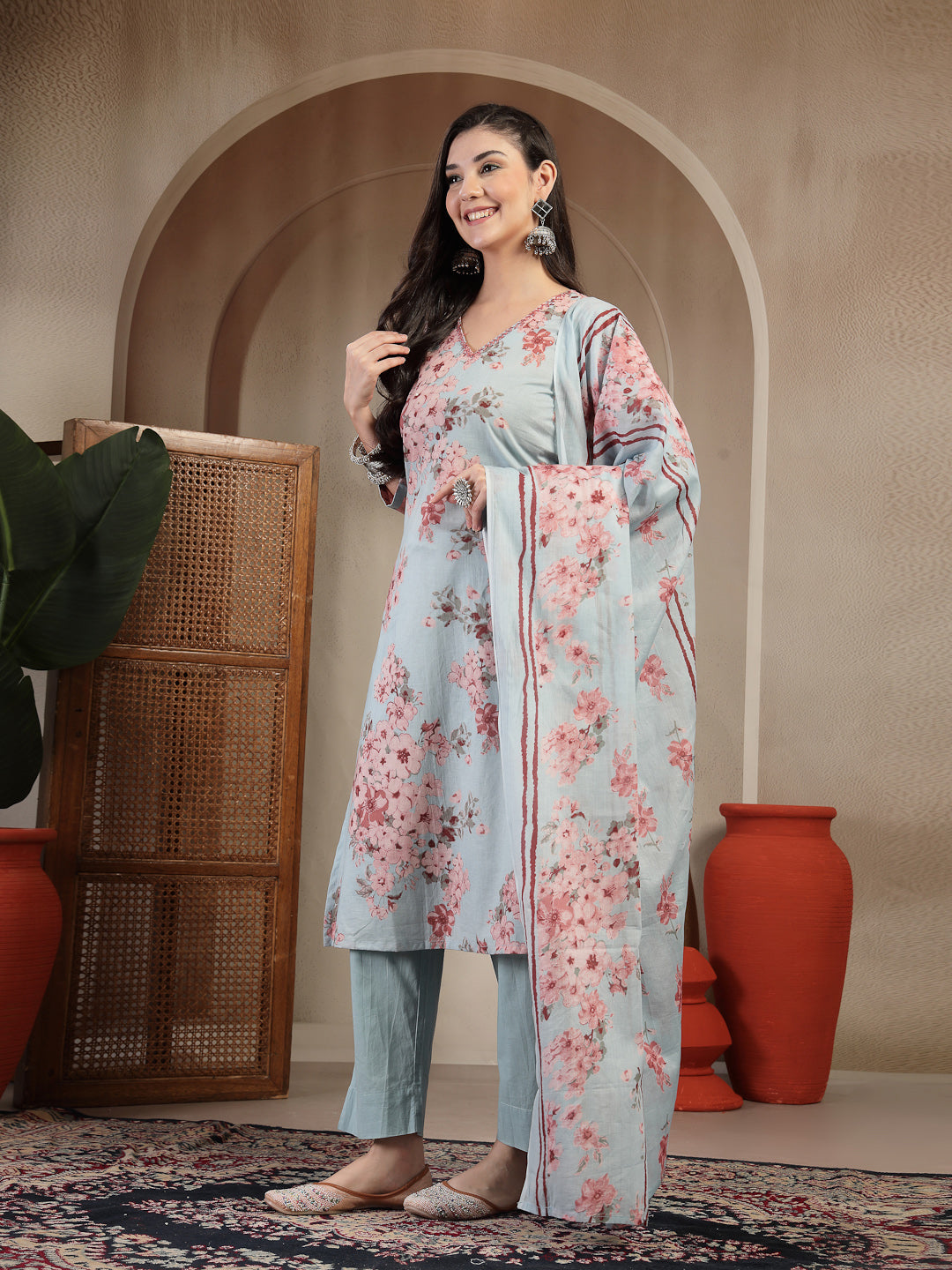Cotton Calf Length Printed 3/4 Sleeves V-Neck Straight Kurta Suit Set With Dupatta