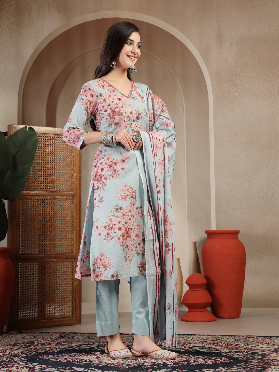 Cotton Calf Length Printed 3/4 Sleeves V-Neck Straight Kurta Suit Set With Dupatta