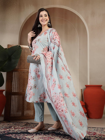 Cotton Calf Length Printed 3/4 Sleeves V-Neck Straight Kurta Suit Set With Dupatta