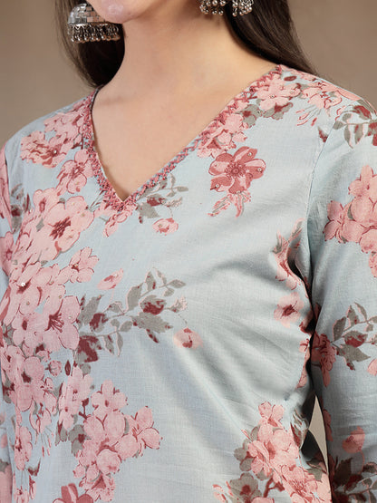 Cotton Calf Length Printed 3/4 Sleeves V-Neck Straight Kurta Suit Set With Dupatta (Pre-Order)