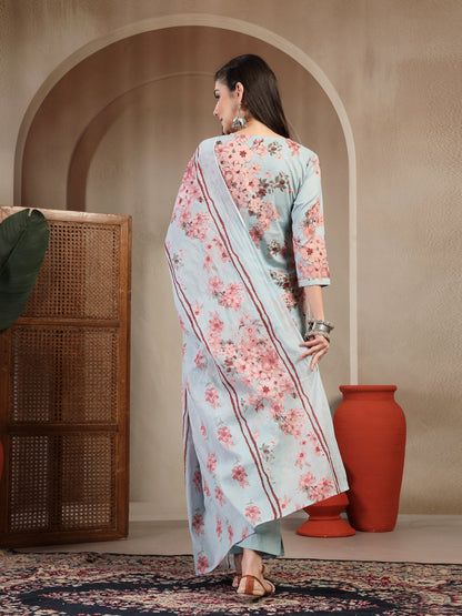 Cotton Calf Length Printed 3/4 Sleeves V-Neck Straight Kurta Suit Set With Dupatta