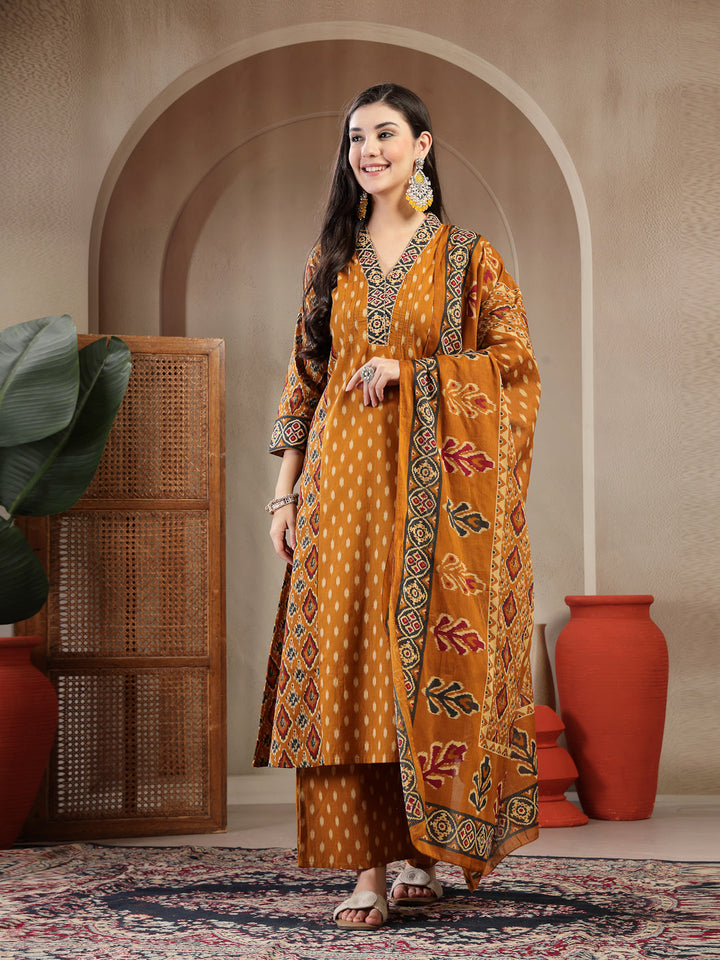 Cotton Calf Length Printed 3/4 Sleeves V-Neck A-Line Kurta Suit Set With Dupatta