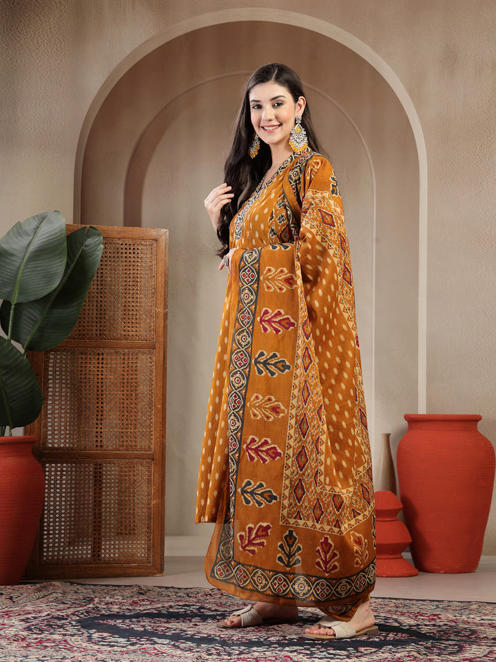 Cotton Calf Length Printed 3/4 Sleeves V-Neck A-Line Kurta Suit Set With Dupatta