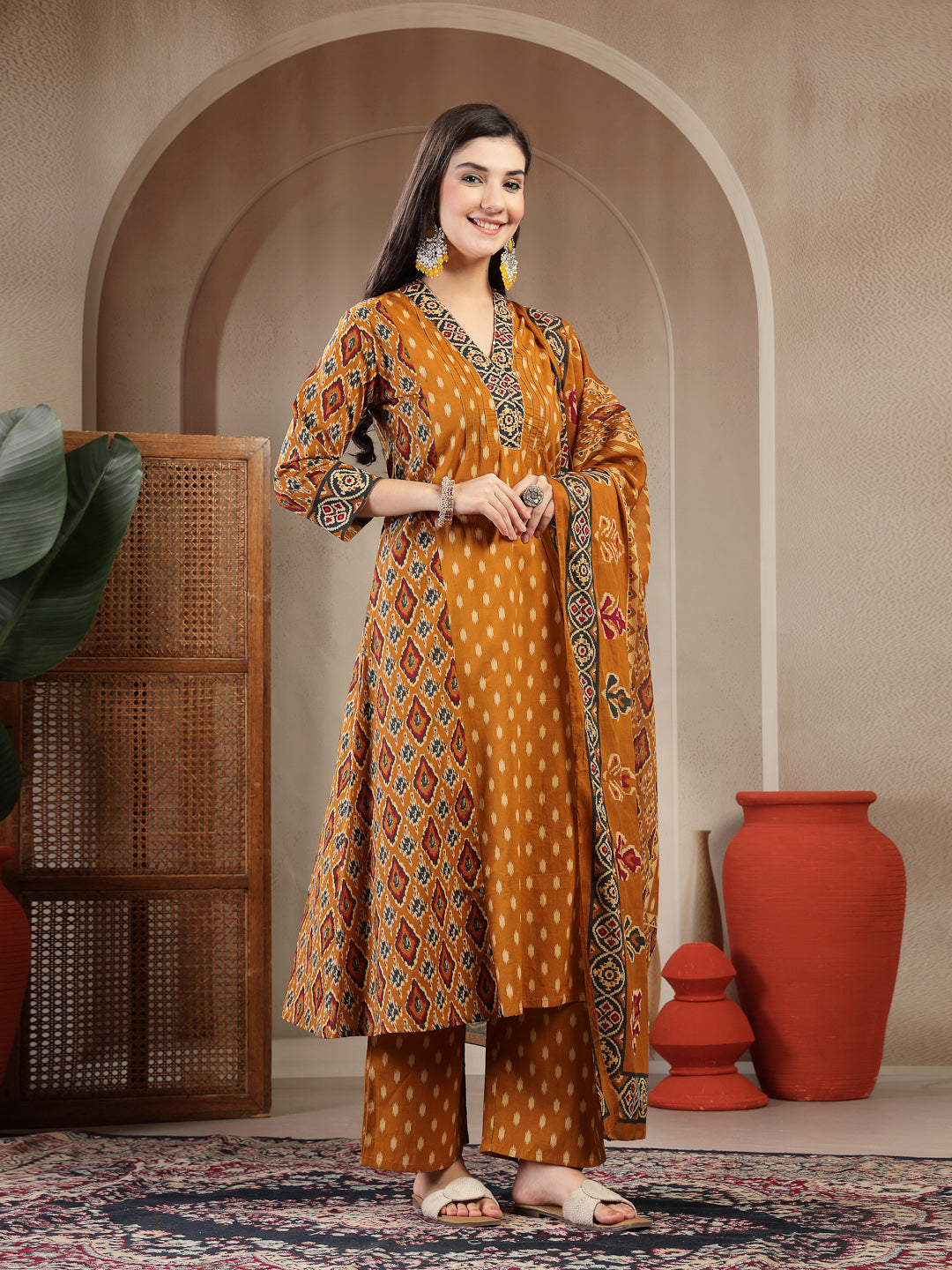Cotton Calf Length Printed 3/4 Sleeves V-Neck A-Line Kurta Suit Set With Dupatta (Pre-Order)
