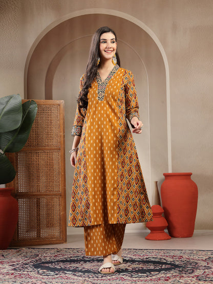 Cotton Calf Length Printed 3/4 Sleeves V-Neck A-Line Kurta Suit Set With Dupatta