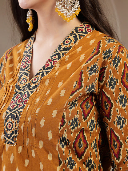 Cotton Calf Length Printed 3/4 Sleeves V-Neck A-Line Kurta Suit Set With Dupatta (Pre-Order)