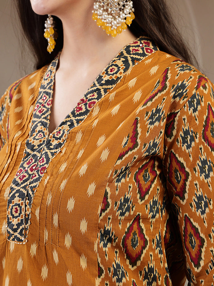 Cotton Calf Length Printed 3/4 Sleeves V-Neck A-Line Kurta Suit Set With Dupatta