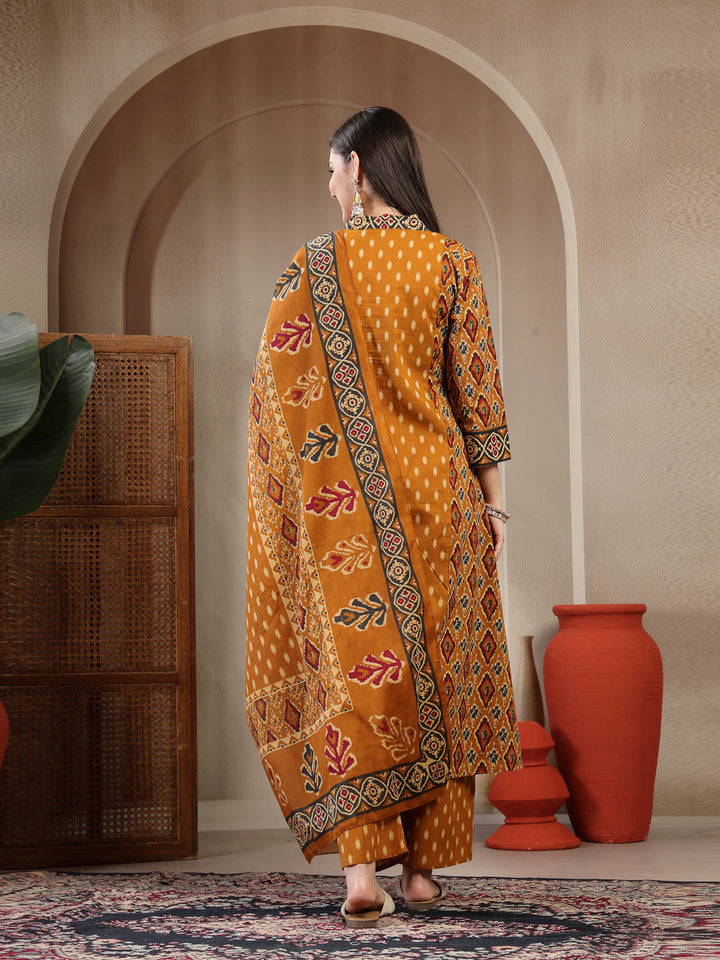 Cotton Calf Length Printed 3/4 Sleeves V-Neck A-Line Kurta Suit Set With Dupatta