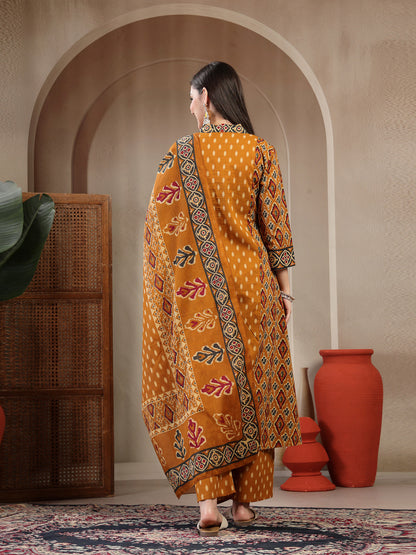 Cotton Calf Length Printed 3/4 Sleeves V-Neck A-Line Kurta Suit Set With Dupatta (Pre-Order)