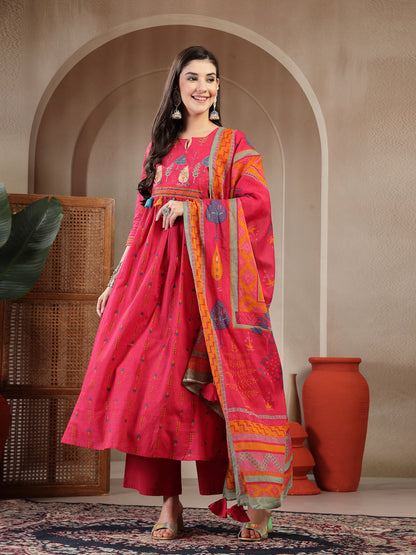 Rayon Calf Length Printed 3/4 Sleeves Round Neck A-Line Kurta Suit Set With Dupatta