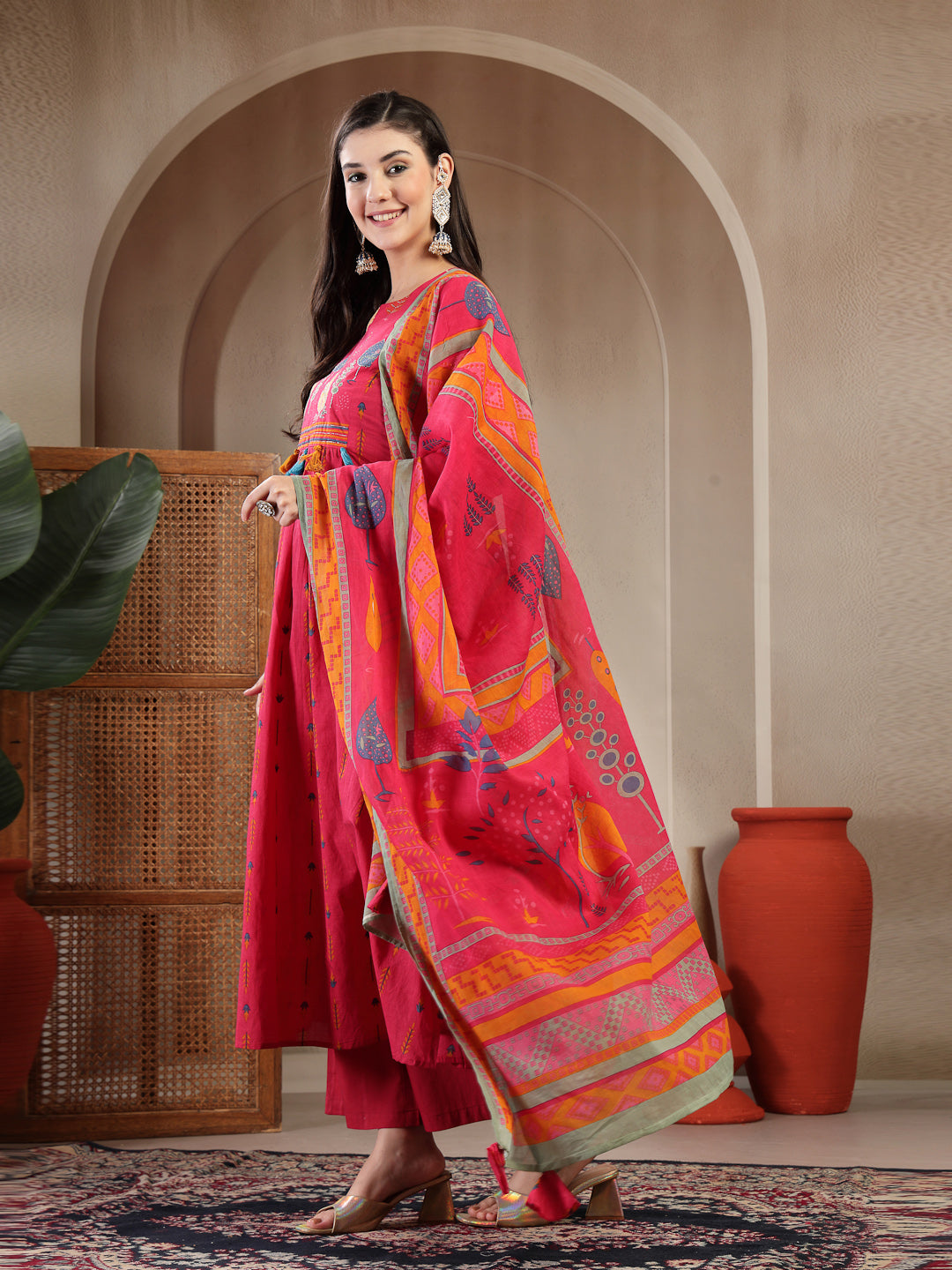 Rayon Calf Length Printed 3/4 Sleeves Round Neck A-Line Kurta Suit Set With Dupatta
