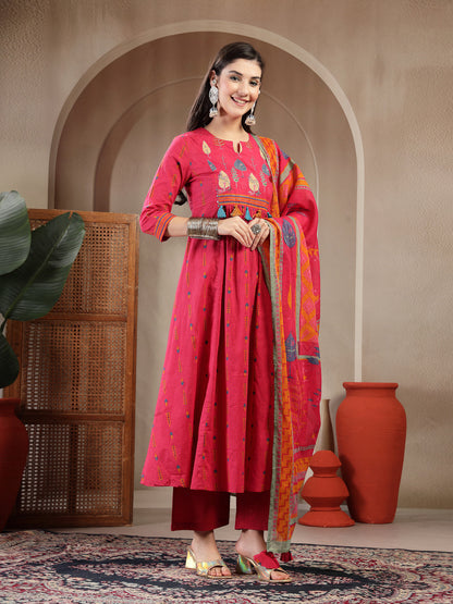 Rayon Calf Length Printed 3/4 Sleeves Round Neck A-Line Kurta Suit Set With Dupatta