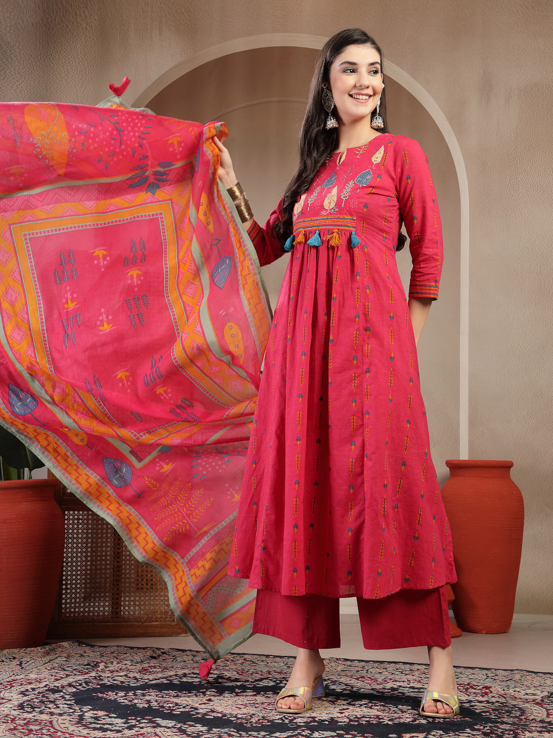 Rayon Calf Length Printed 3/4 Sleeves Round Neck A-Line Kurta Suit Set With Dupatta (Pre-Order)