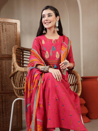 Rayon Calf Length Printed 3/4 Sleeves Round Neck A-Line Kurta Suit Set With Dupatta