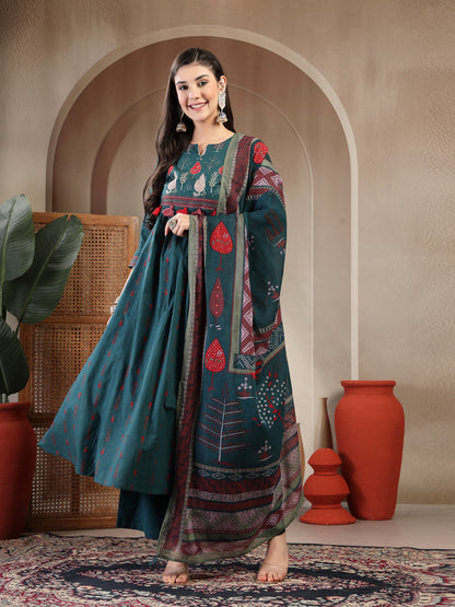 Rayon Calf Length Printed 3/4 Sleeves Round Neck A-Line Kurta Suit Set With Dupatta