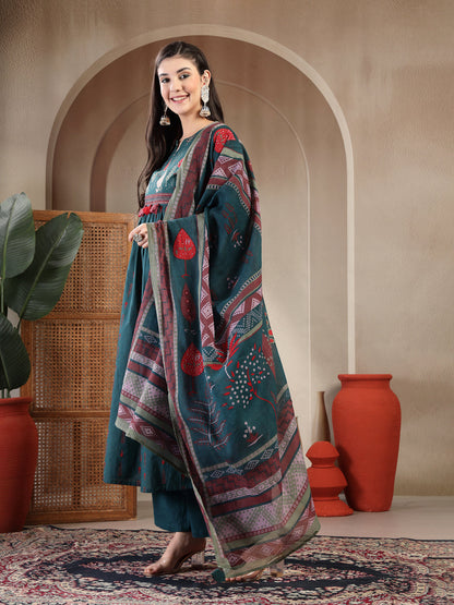 Rayon Calf Length Printed 3/4 Sleeves Round Neck A-Line Kurta Suit Set With Dupatta