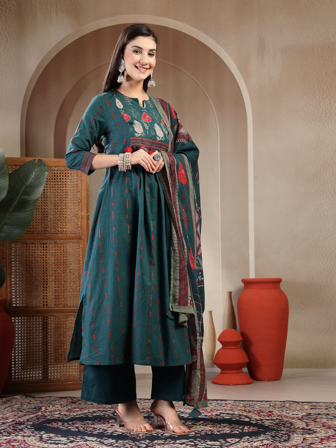 Rayon Calf Length Printed 3/4 Sleeves Round Neck A-Line Kurta Suit Set With Dupatta