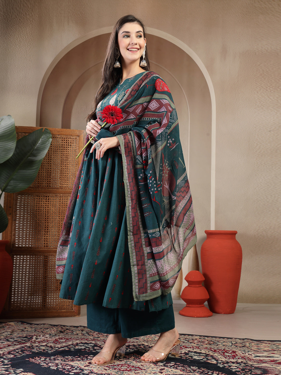 Rayon Calf Length Printed 3/4 Sleeves Round Neck A-Line Kurta Suit Set With Dupatta