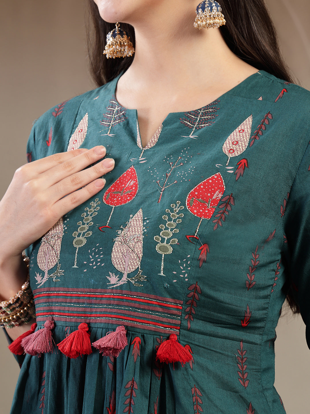 Rayon Calf Length Printed 3/4 Sleeves Round Neck A-Line Kurta Suit Set With Dupatta