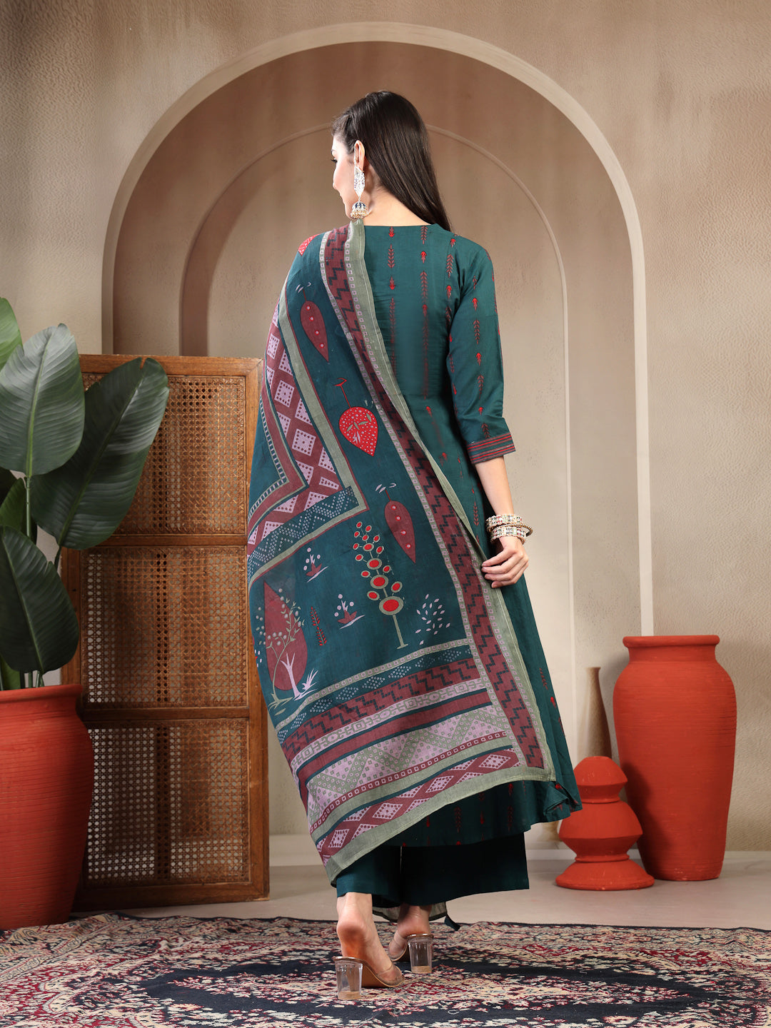 Rayon Calf Length Printed 3/4 Sleeves Round Neck A-Line Kurta Suit Set With Dupatta