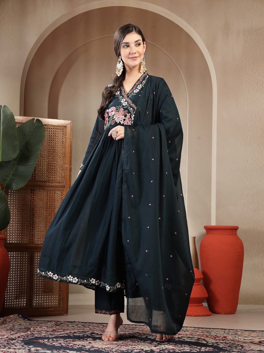 Cotton Calf Length Solid Full Sleeves Anrakha Neck Flared Kurta Suit Set With Dupatta